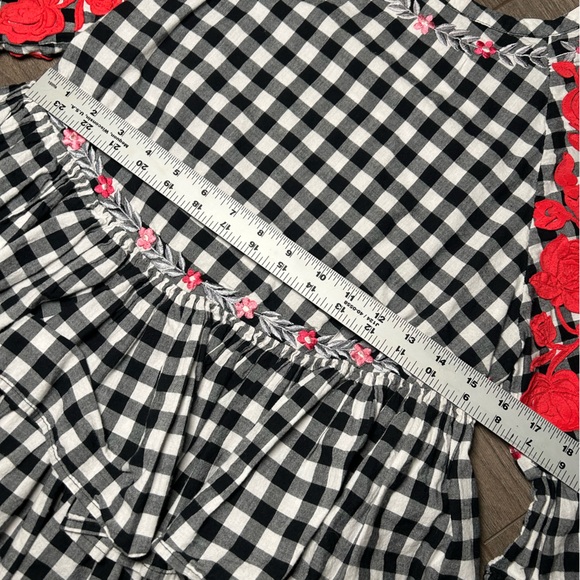 Black & White Gingham Peplum Top with Red Floral Embroidery - Picture 4 of 4